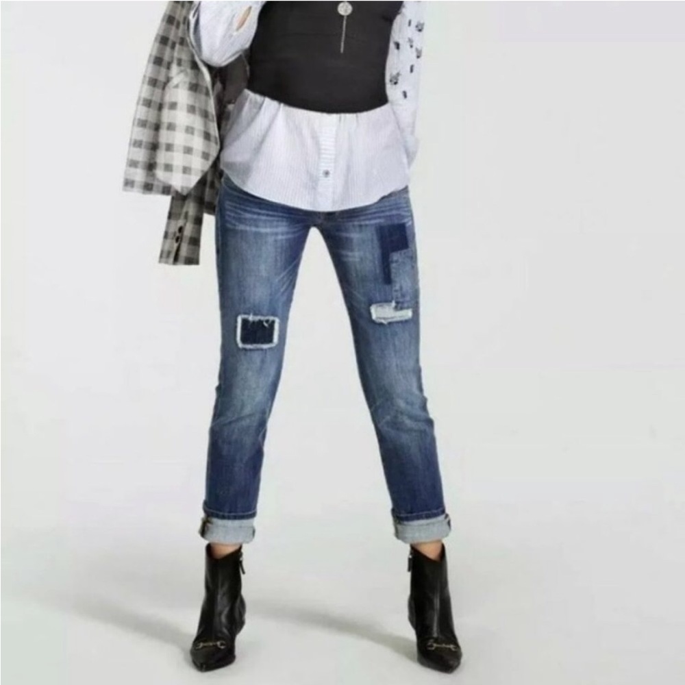 CAbi Slim Boyfriend Jeans Patchwork Denim Medium Blue Wash Size 0